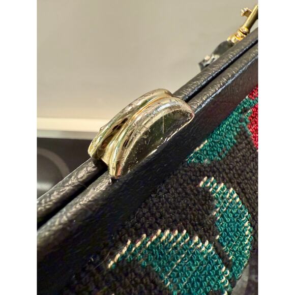 Vintage Carpet Bag Needlepoint Tapestry Structured Satchel Large Floral Black - Picture 2 of 15